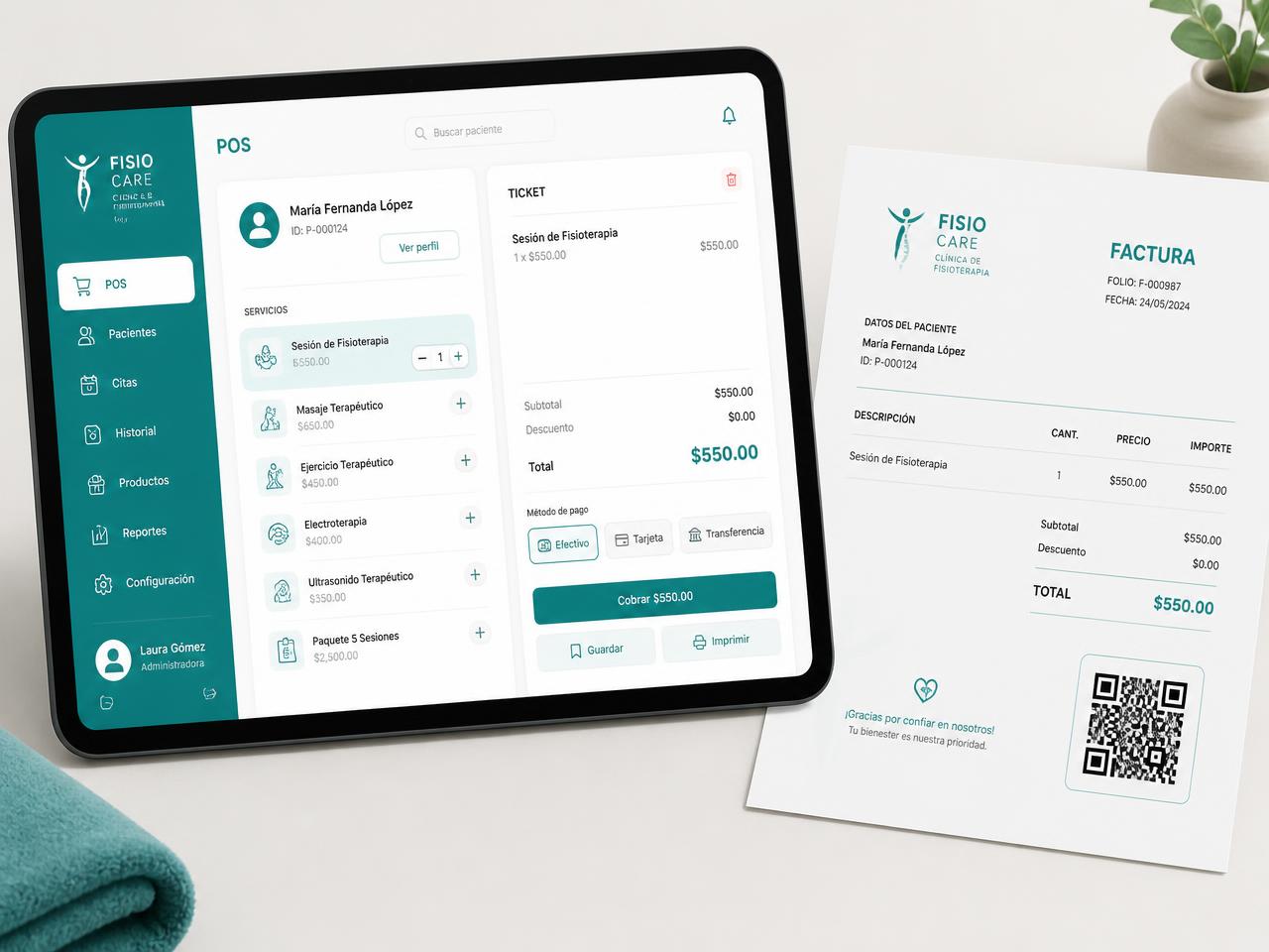 TPV de FacturaClinic en tablet junto a una factura con código QR verificable